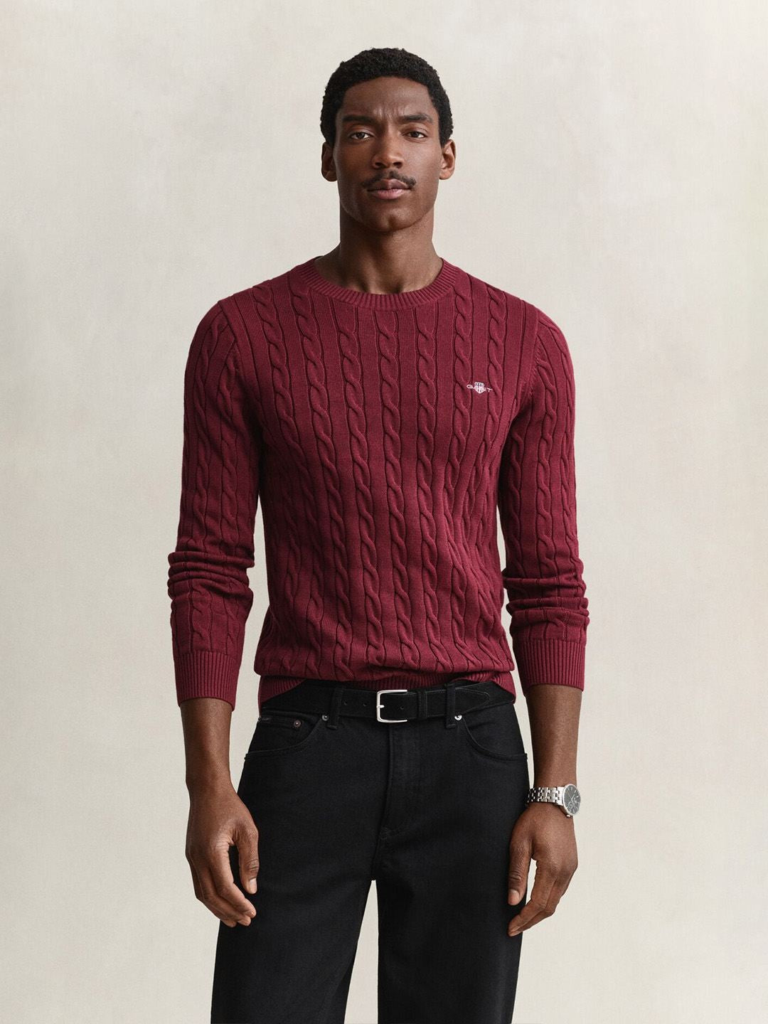Gant Men Deep Maroon Textured Regular Fit Pure Cotton Sweater