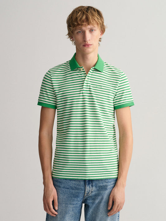 Gant Green Striped Regular Fit Pique Polo T-Shirt