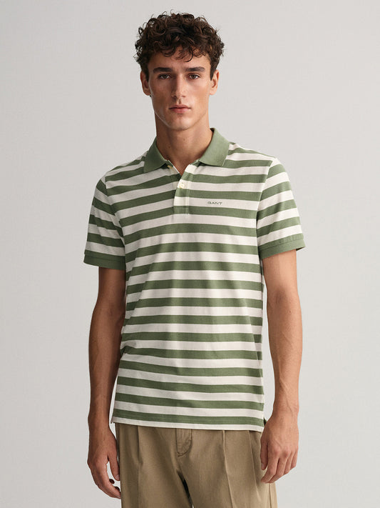 Gant Green Striped Regular Fit Pique Polo T-Shirt