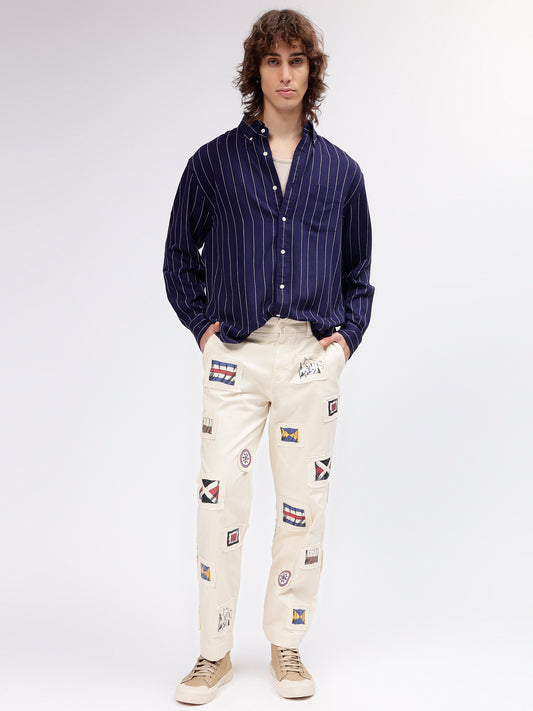 Gant Men Cream Printed Slim Fit Mid Rise Trouser