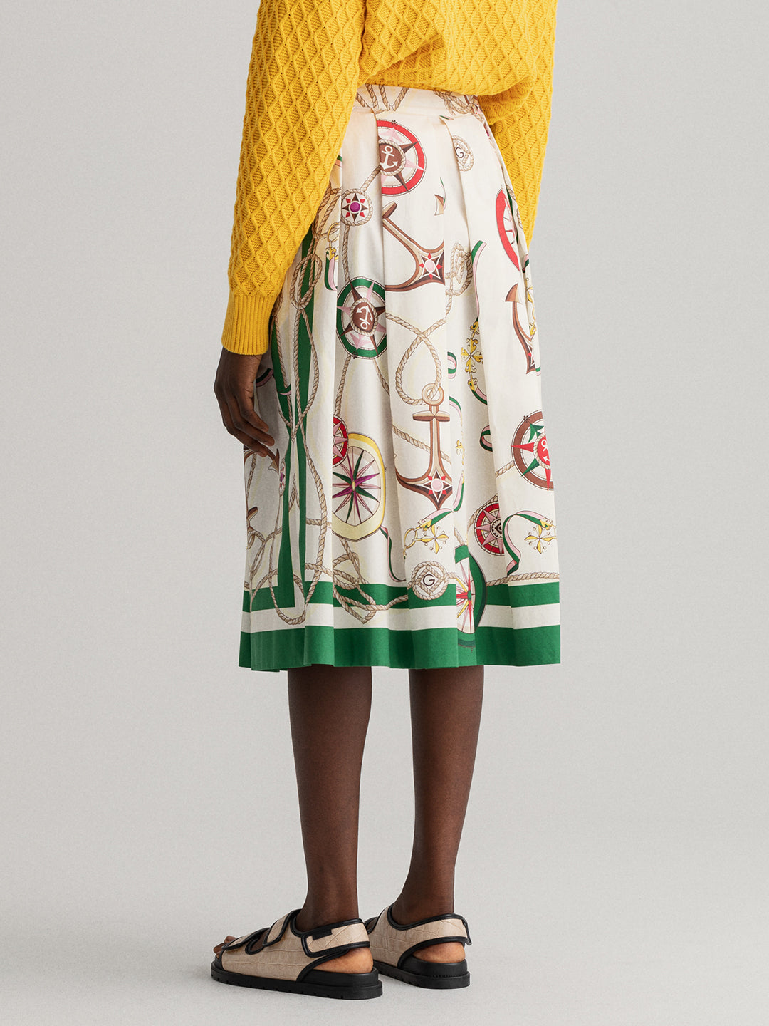 Gant Women White  Green Printed Pure Cotton Flared Midi Pleated Skirt