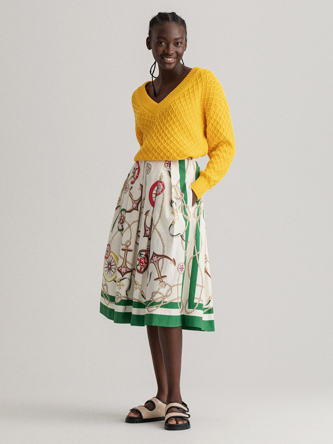 Gant Women White  Green Printed Pure Cotton Flared Midi Pleated Skirt