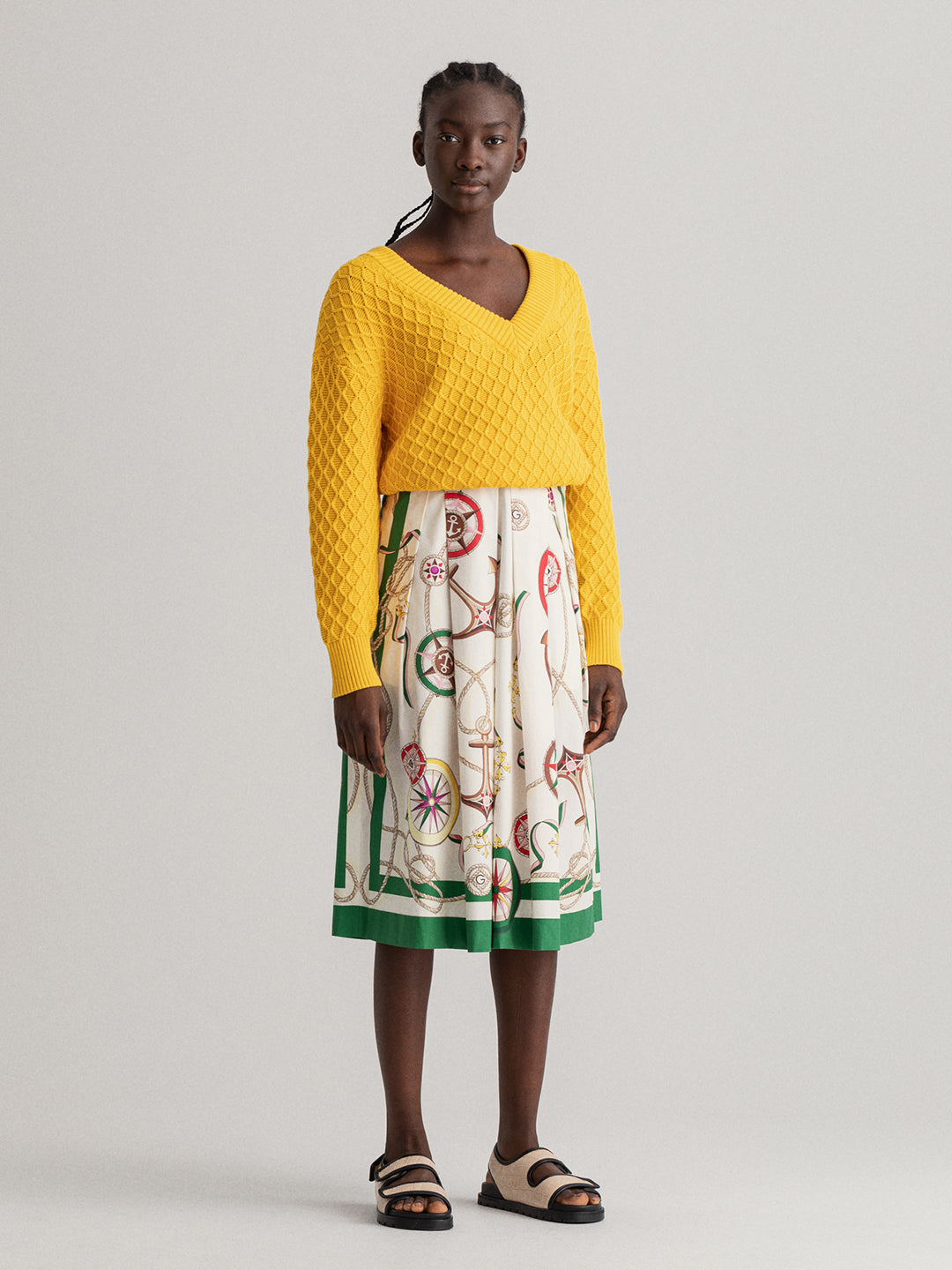 Gant Women White  Green Printed Pure Cotton Flared Midi Pleated Skirt