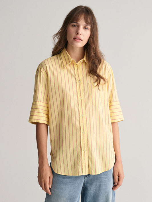 Gant Women Yellow Striped Spread Collar Short Sleeves Shirt