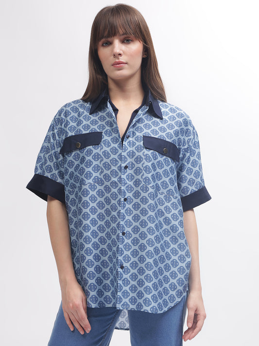 Gant Women Blue Printed Short Sleeves Shirt