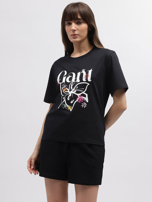Gant Women Black Printed Round Neck Short Sleeves T-Shirt
