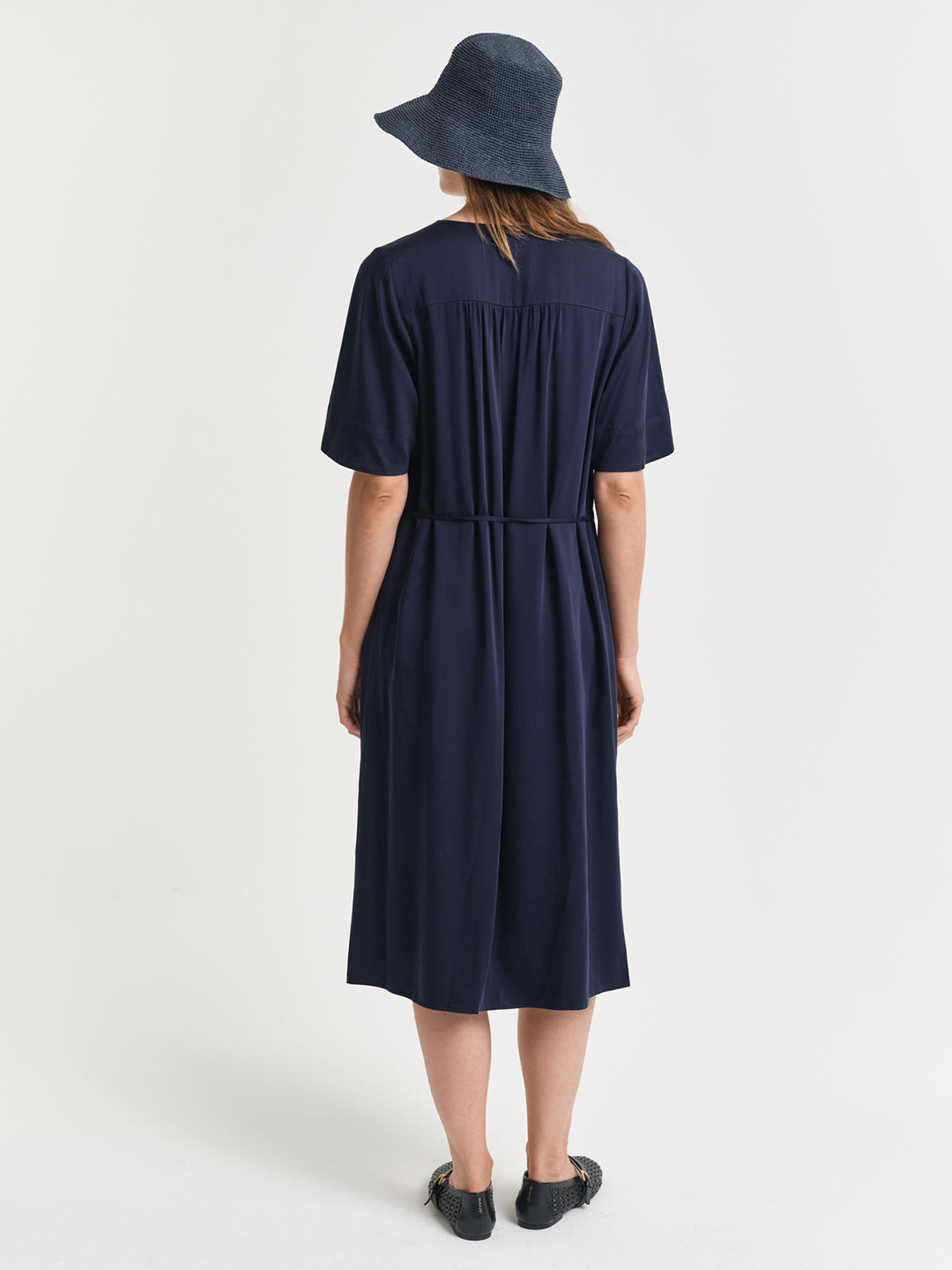 Gant Women Navy Blue Solid V-Neck Short Sleeves Shift Dress
