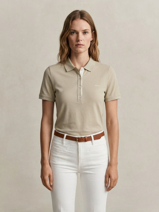 Gant Women Beige Solid Slim Fit Pique Polo T-Shirt