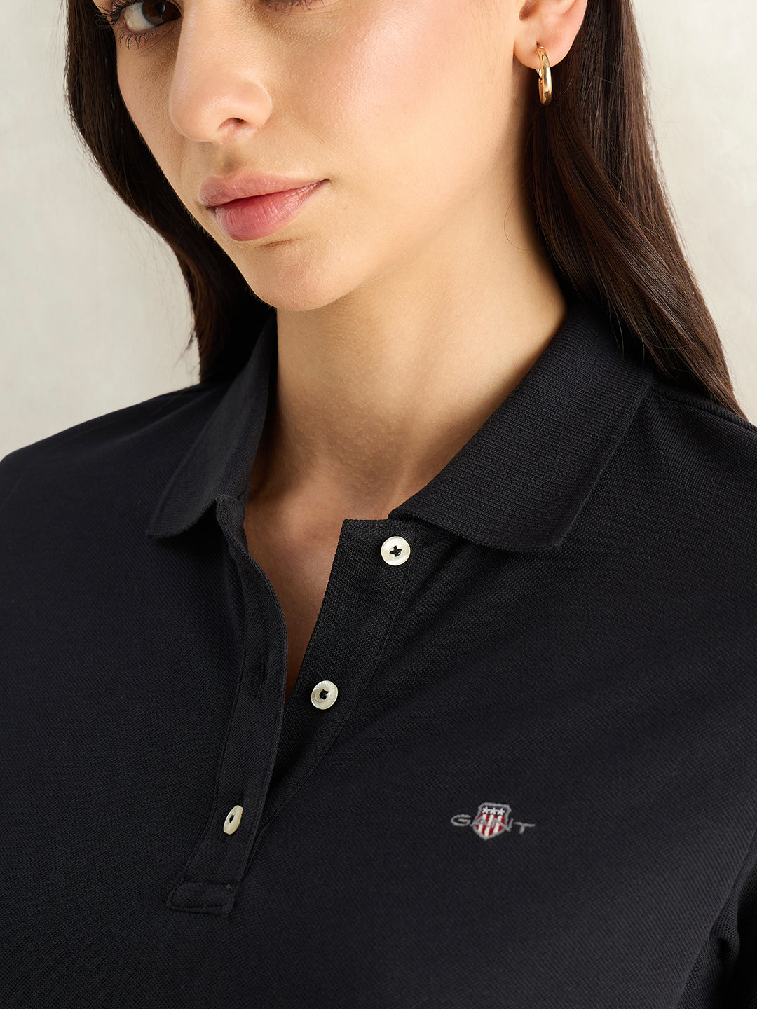 Gant Women Black Solid Regular Fit Polo T-Shirt