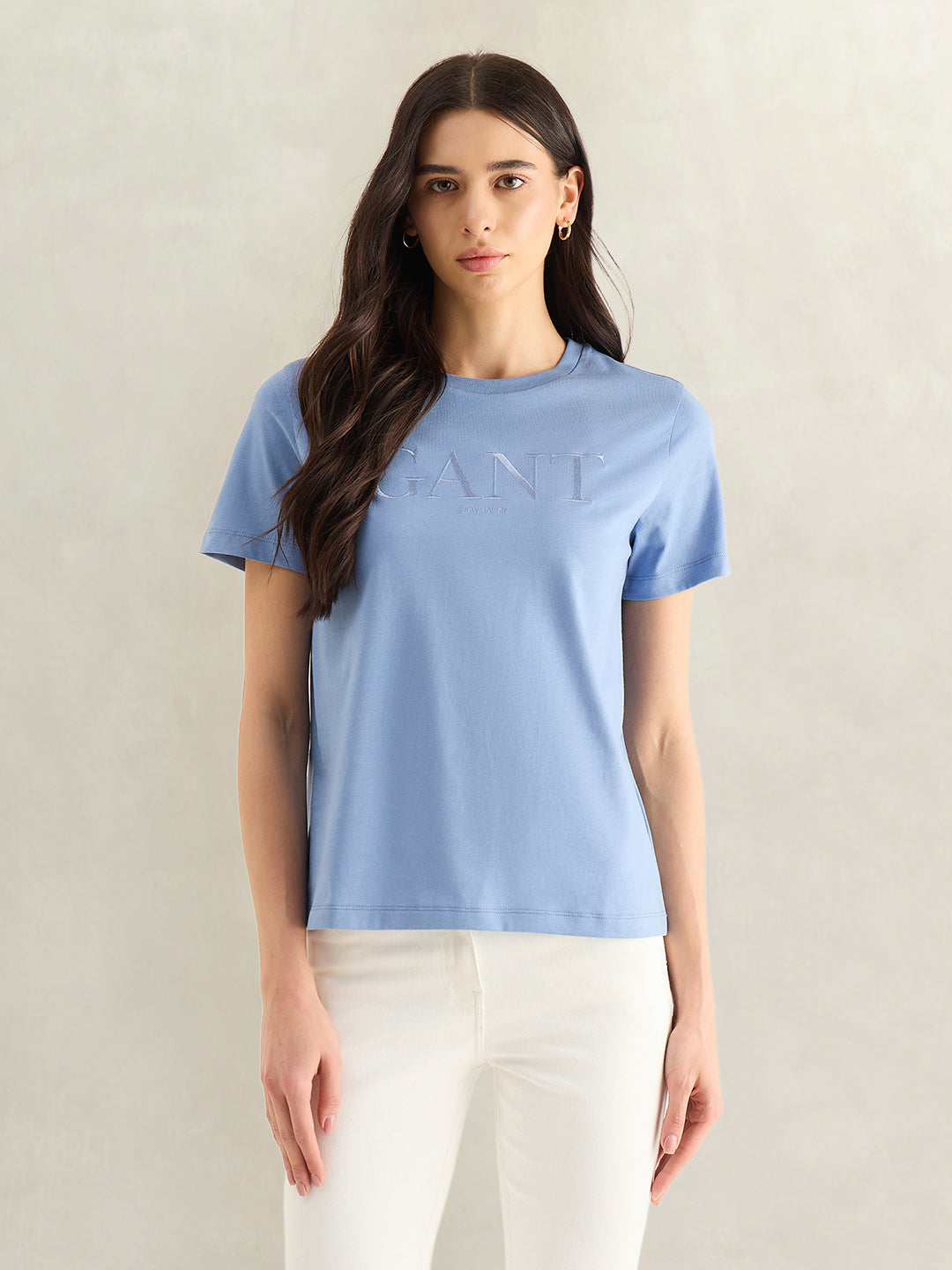 Gant Women Blue Solid Regular Fit Pure Cotton T-Shirt