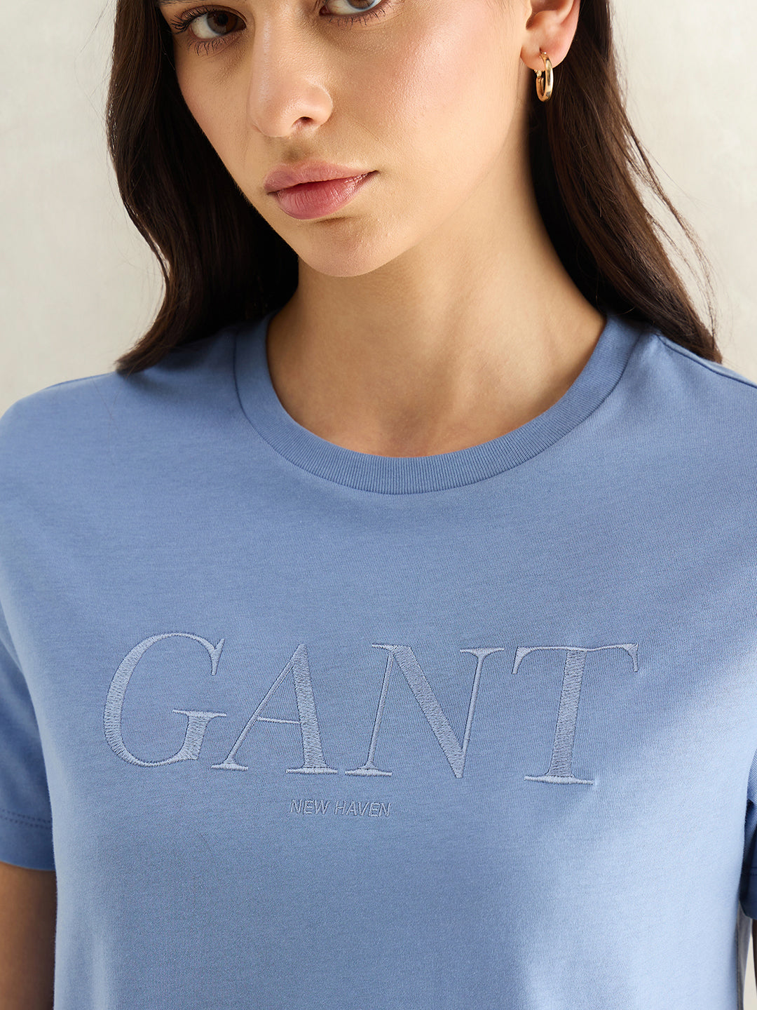 Gant Women Blue Solid Regular Fit Pure Cotton T-Shirt