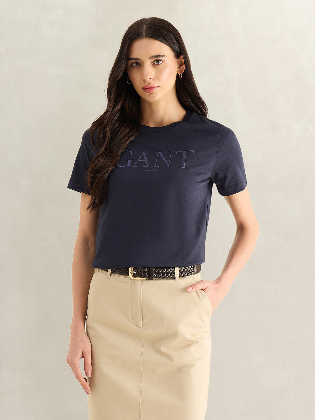 Gant Women Navy Blue Embroidered Regular Fit Pure Cotton T-Shirt
