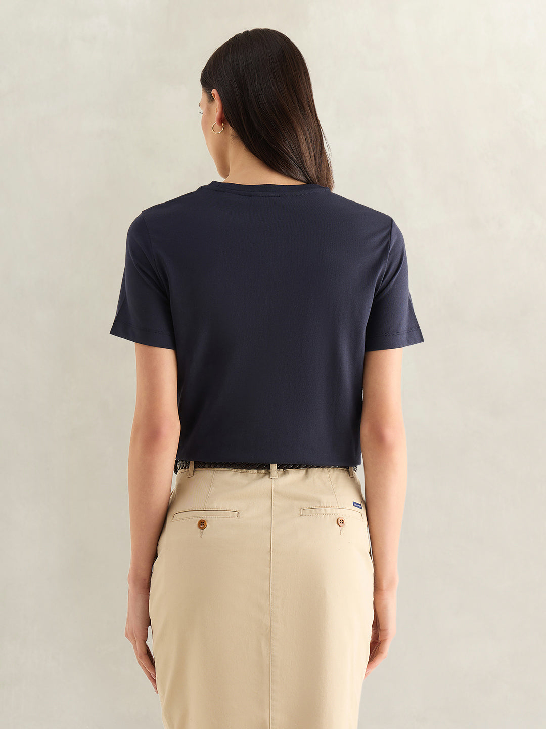 Gant Women Navy Blue Embroidered Regular Fit Pure Cotton T-Shirt