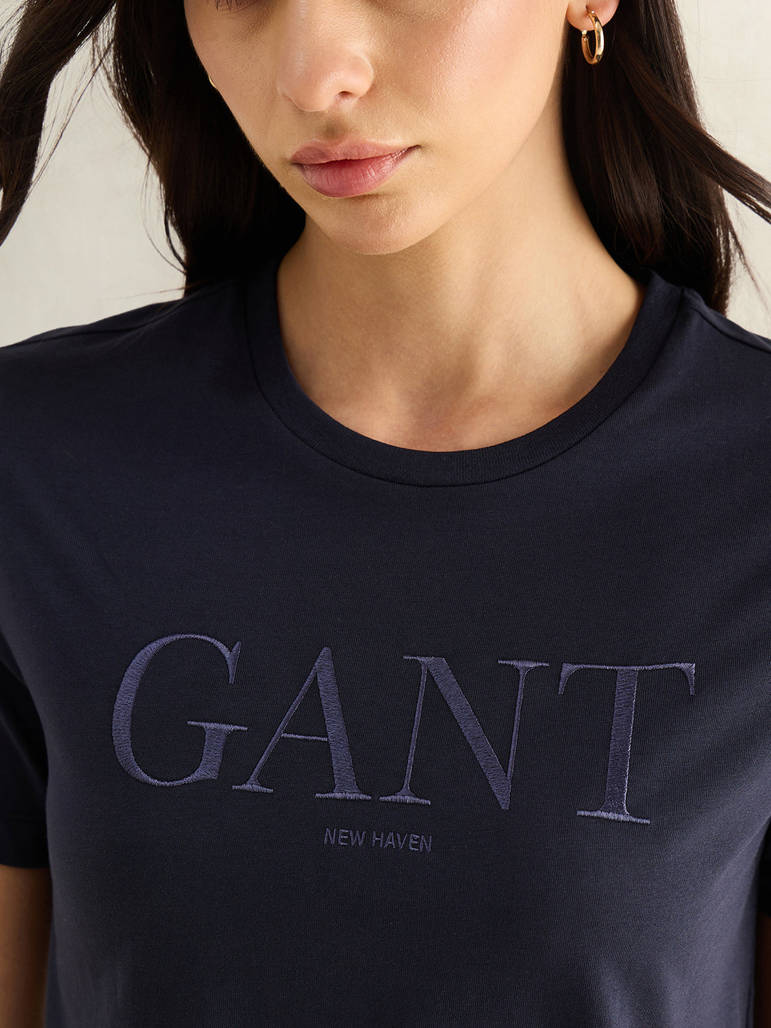 Gant Women Navy Blue Embroidered Regular Fit Pure Cotton T-Shirt