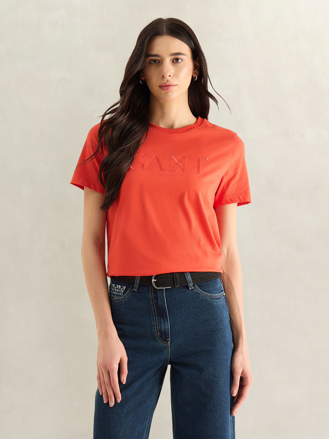 Gant Women Red Embroidered Regular Fit Pure Cotton T-Shirt