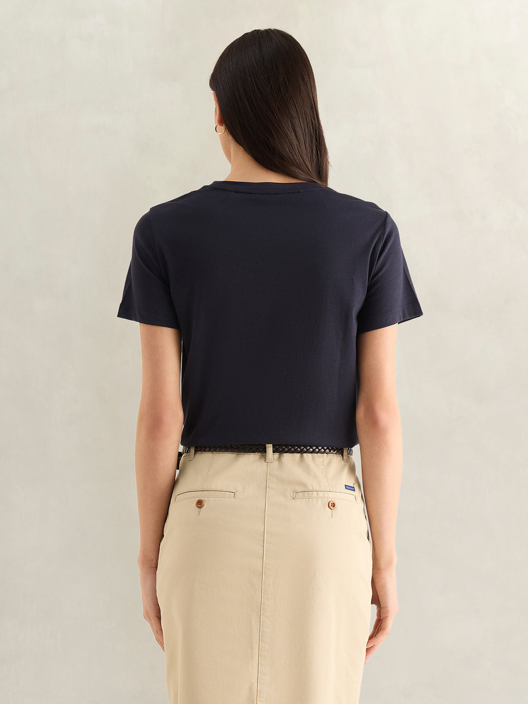 Gant Women Navy Blue Solid Regular Fit Pure Cotton T-Shirt
