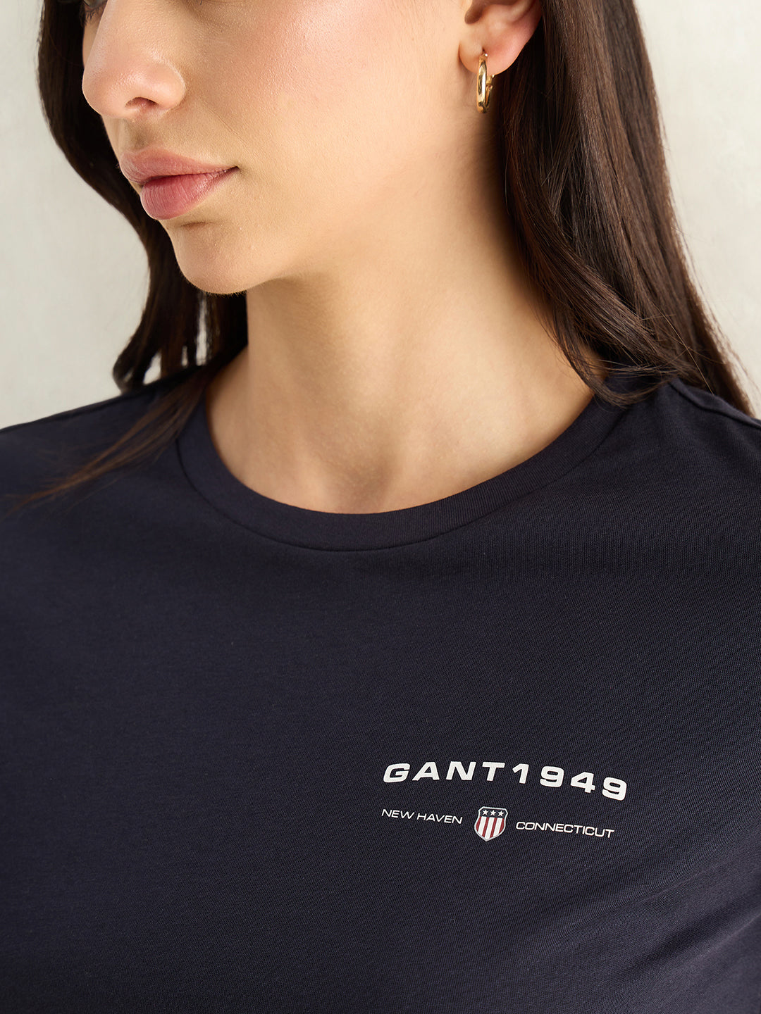 Gant Women Navy Blue Solid Regular Fit Pure Cotton T-Shirt