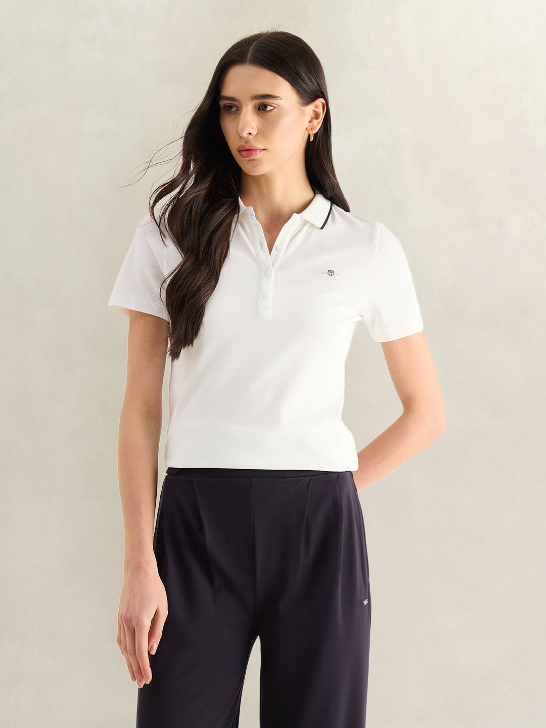 Gant Women White Solid Slim Fit Pique Polo T-Shirt
