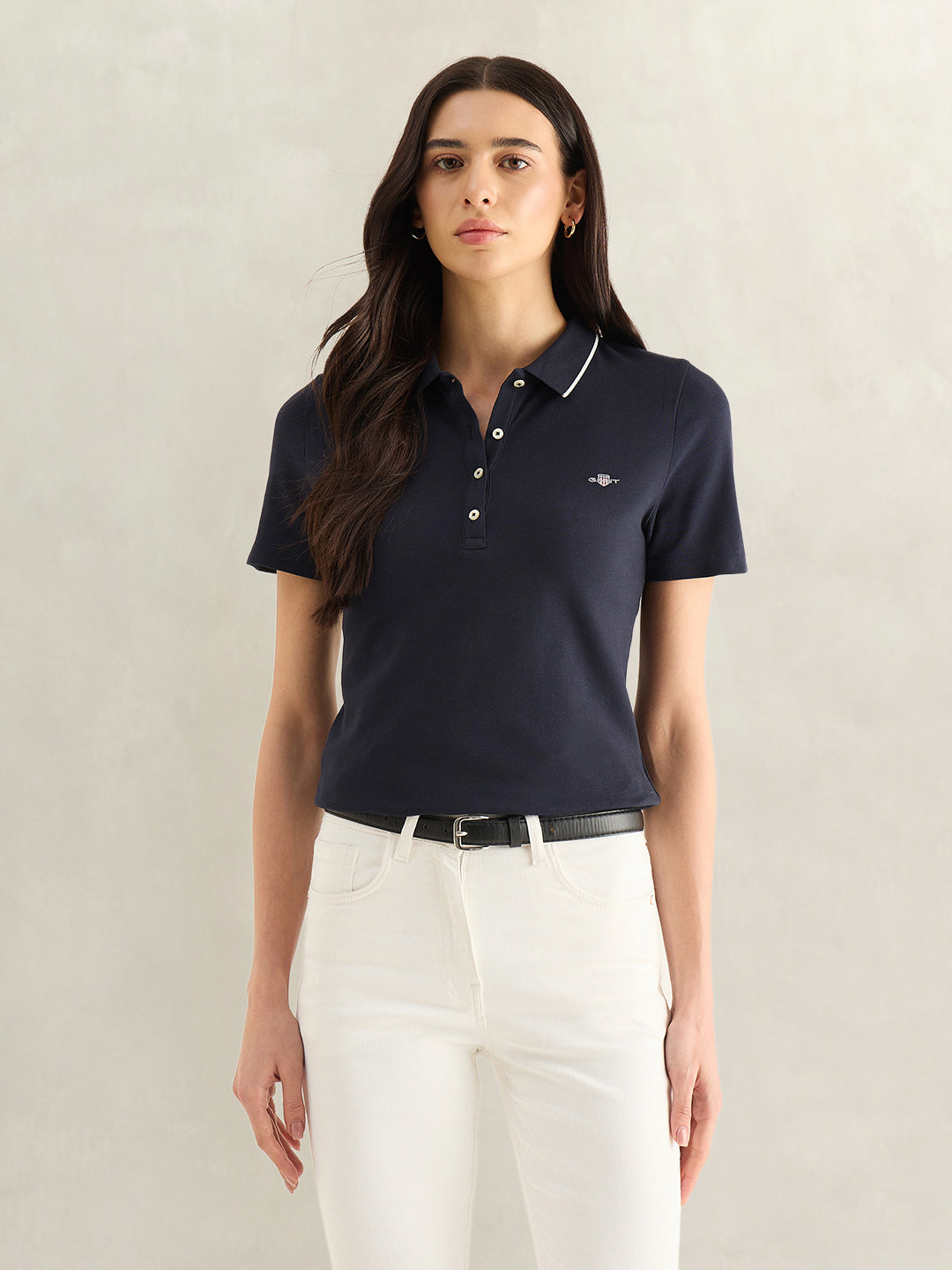 Gant Women Navy Blue Solid Slim Fit Pique Polo T-Shirt