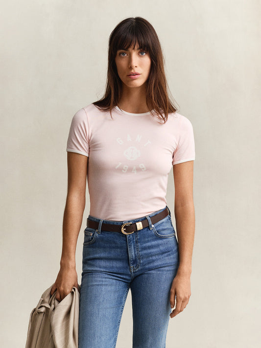 GANT Women Pink Logo Slim Fit Crew Neck T-Shirt