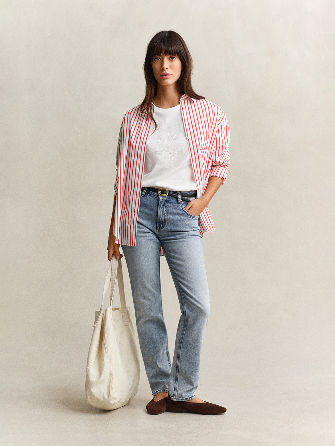 GANT Women White Logo Relaxed Fit Crew Neck T-Shirt