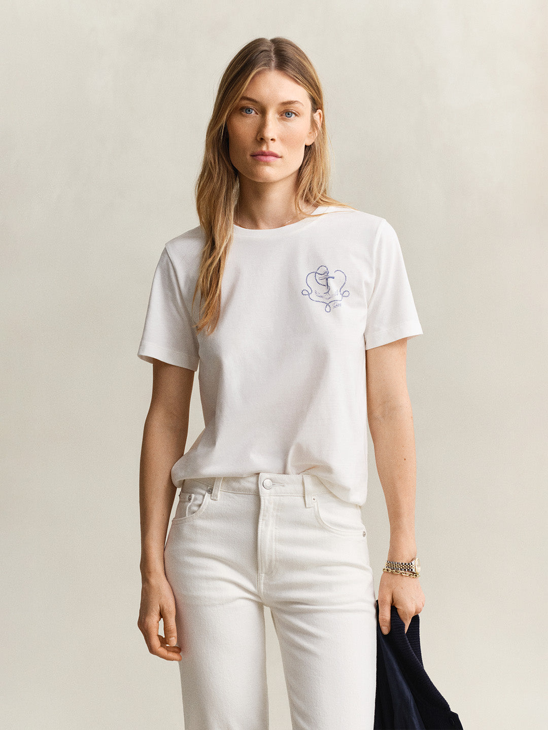 GANT Women White Embroidered Crew Neck T-Shirt