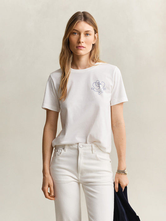 GANT Women White Embroidered Crew Neck T-Shirt