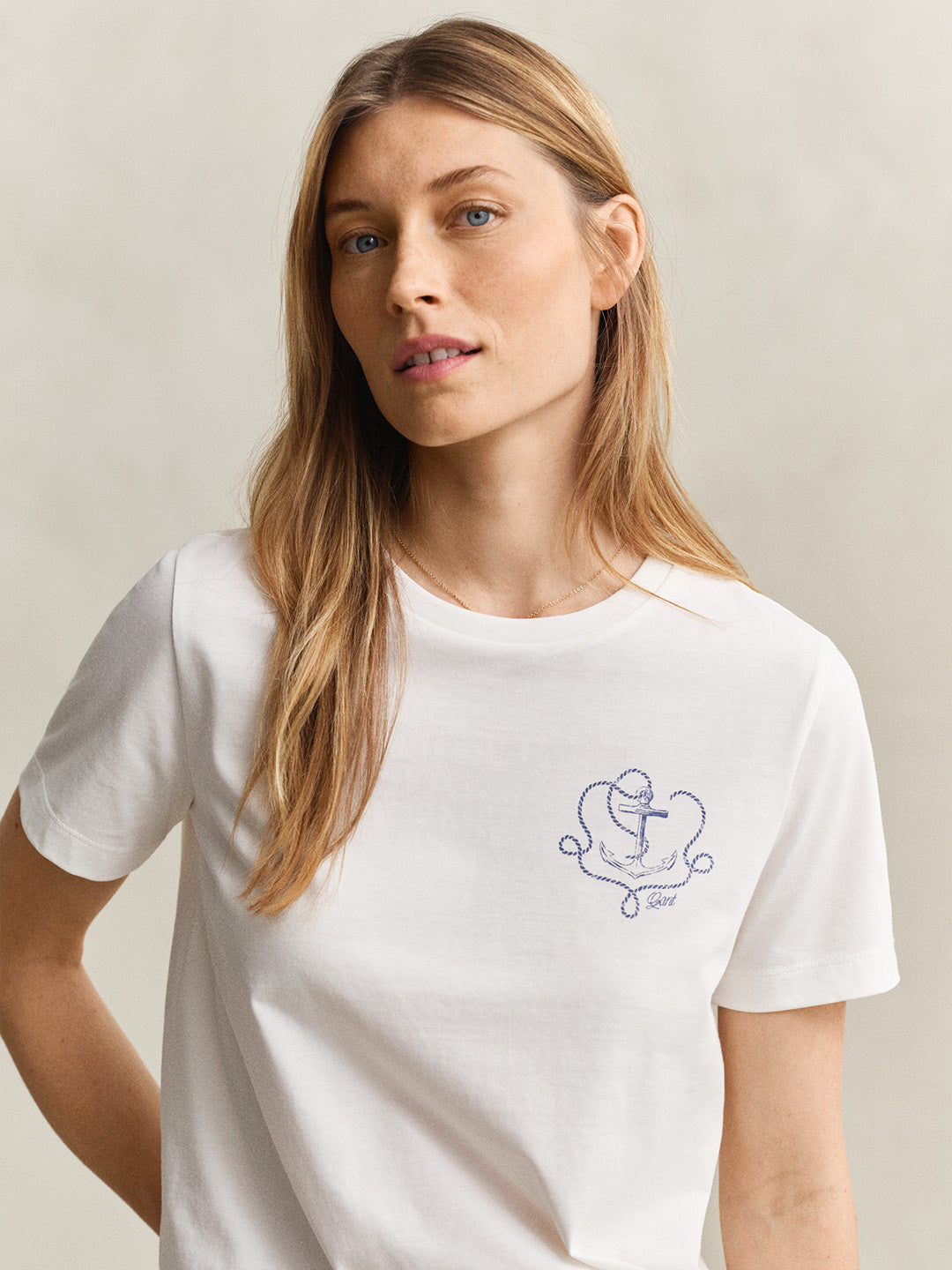 GANT Women White Embroidered Crew Neck T-Shirt