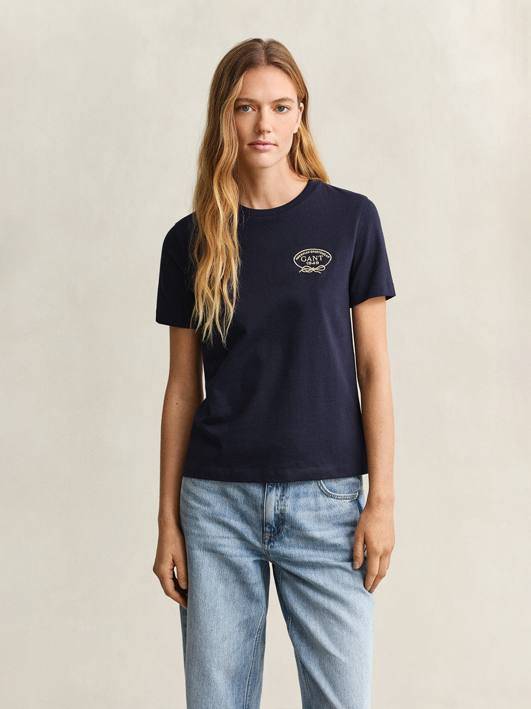 GANT Women Navy Blue Logo Crew Neck T-Shirt