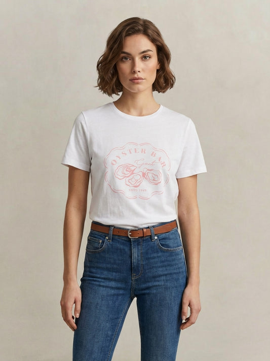 Gant Women White Cotton Graphic T-Shirt