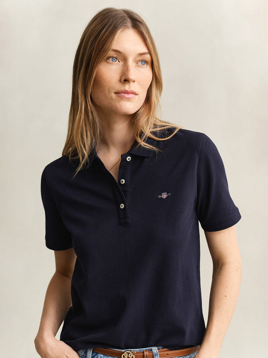 GANT Women Navy Blue Regular Fit Pique Polo T-Shirt