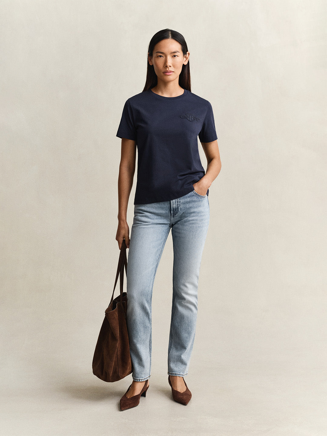 GANT Women Navy Blue Regular Fit Tonal Shield T-Shirt