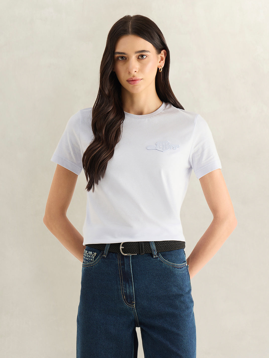 Gant Women Sky Blue Solid Regular Fit T-Shirt