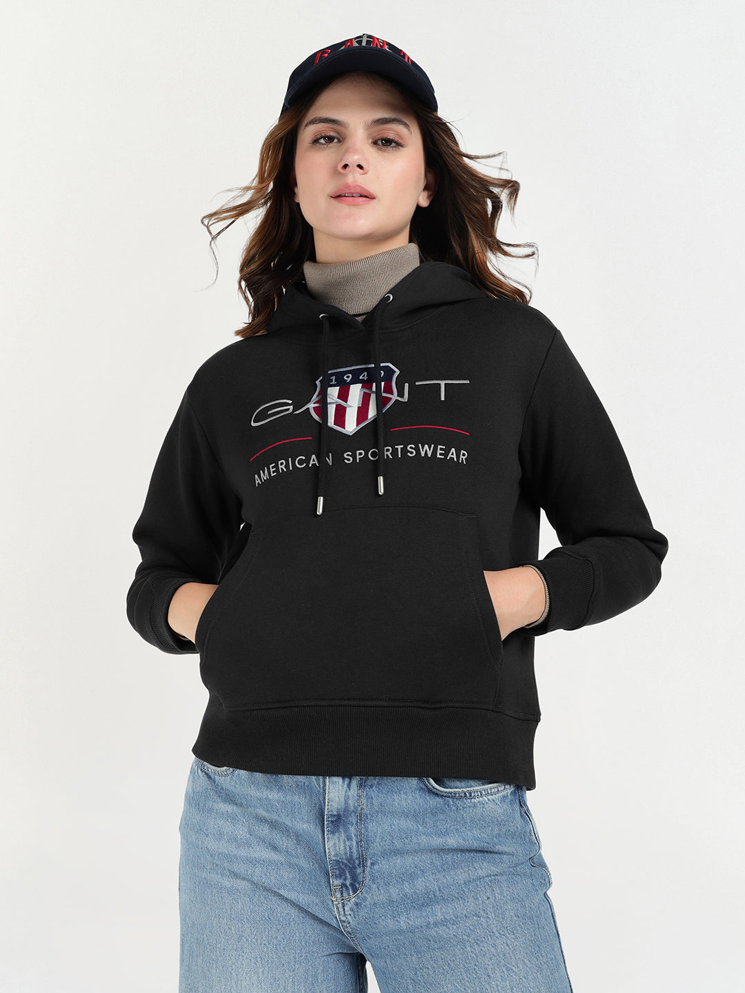 Gant Women Black Graphic Hooded Sweatshirt