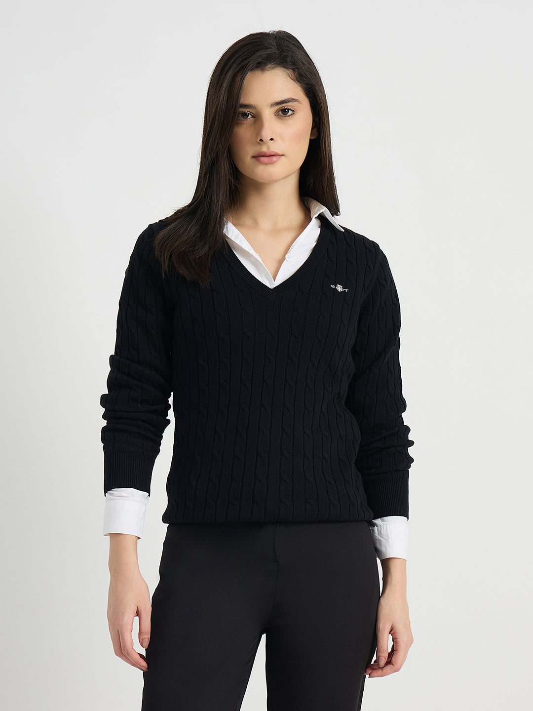 GANT Women Black Textured V Neck Slim Fit Sweater