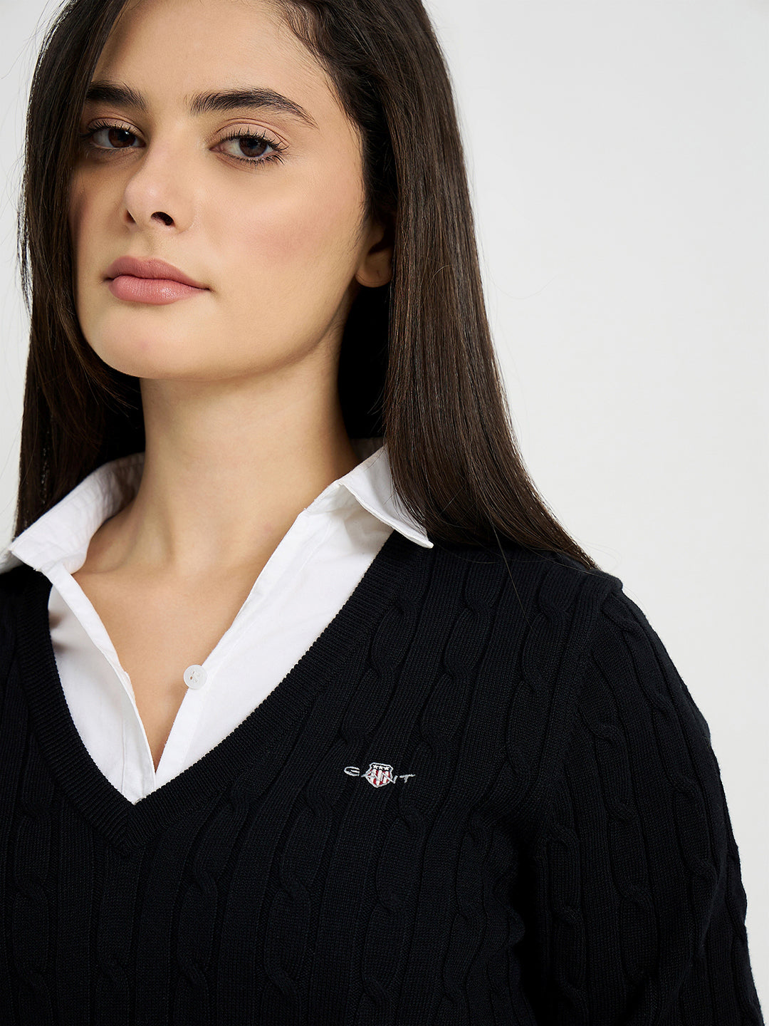 GANT Women Black Textured V Neck Slim Fit Sweater