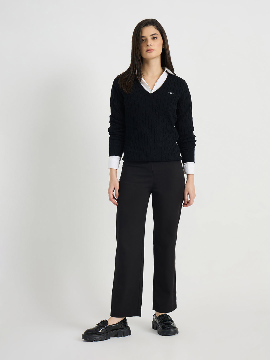 GANT Women Black Textured V Neck Slim Fit Sweater