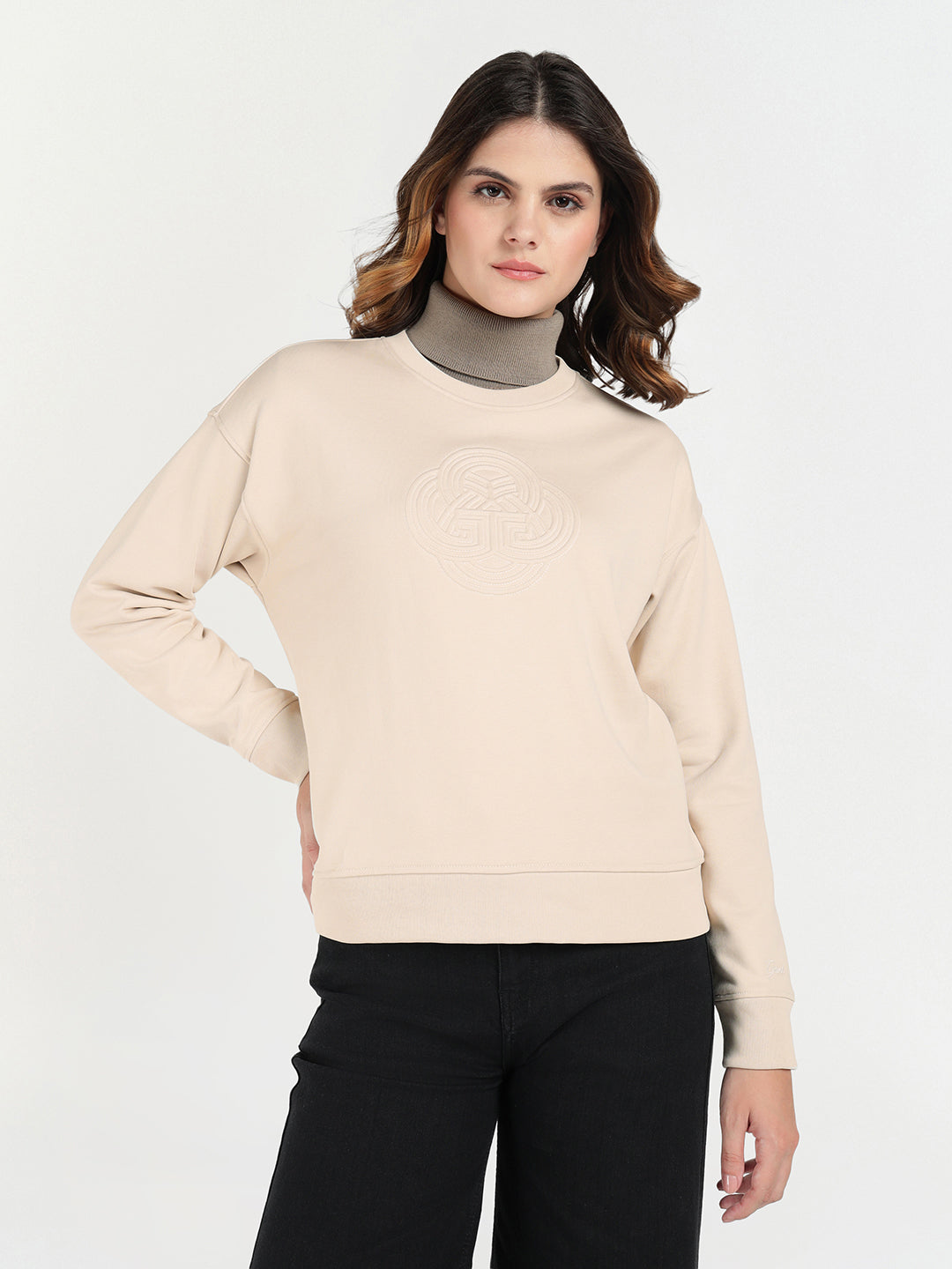 Gant Women Off White Solid Crew Neck Sweatshirt