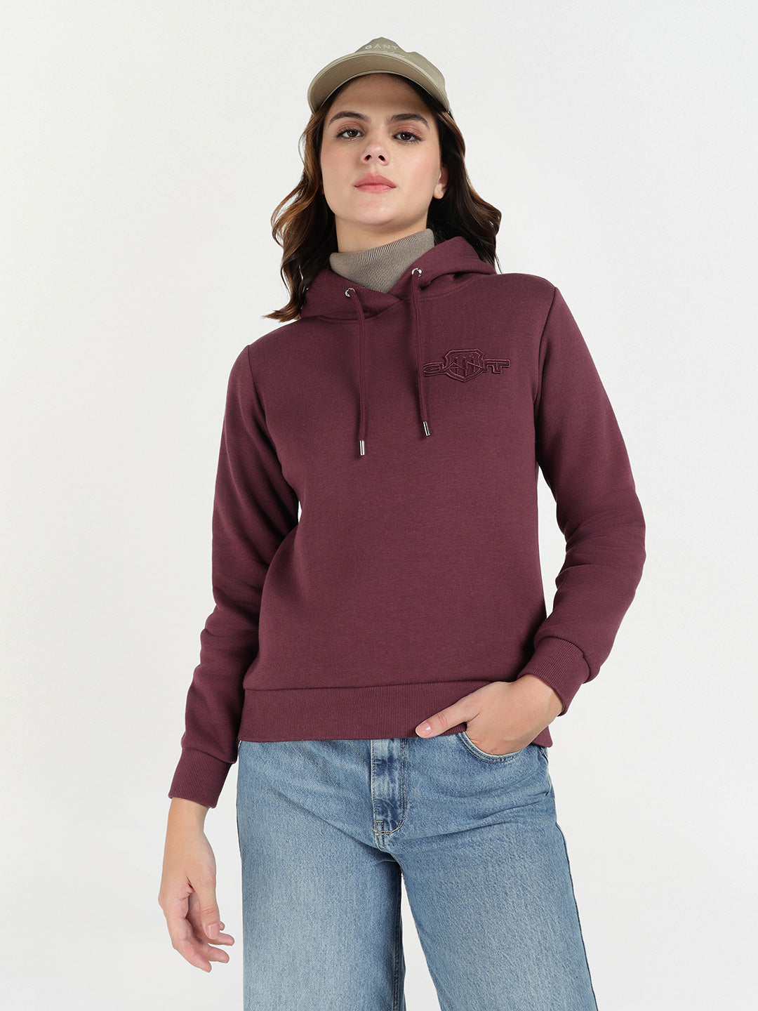 Gant Women Red Solid Hooded Sweatshirt