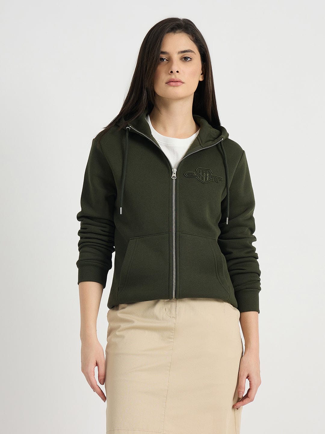 GANT Women Dark Green Tonal Shield Zip Hooded Sweatshirt