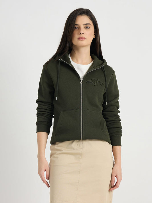 GANT Women Dark Green Tonal Shield Zip Hooded Sweatshirt