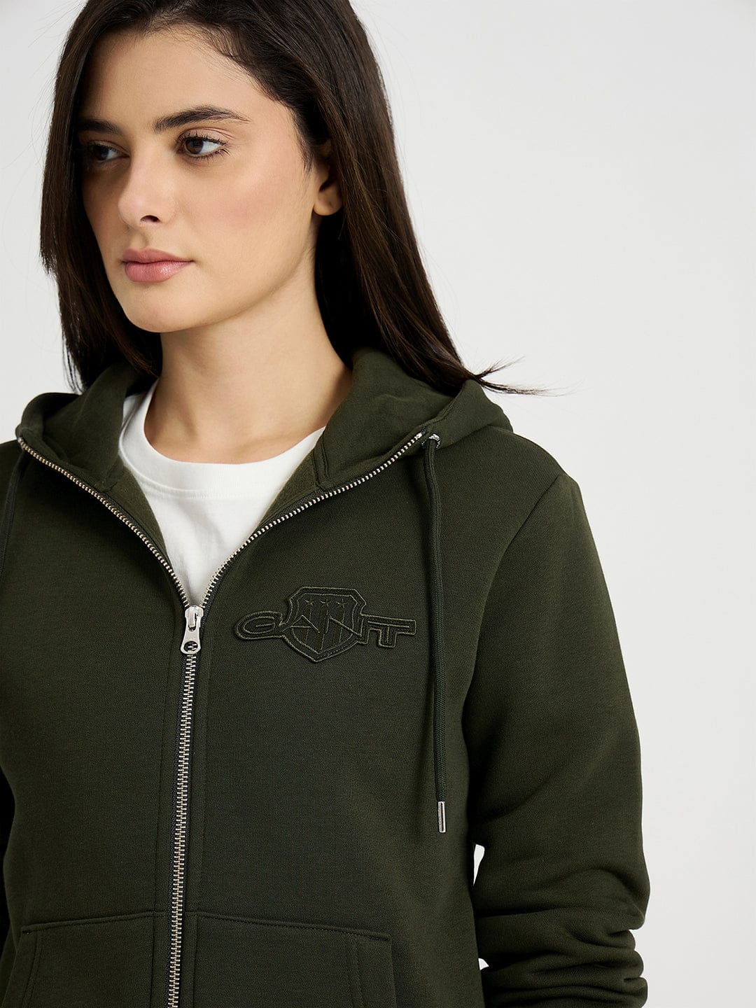 GANT Women Dark Green Tonal Shield Zip Hooded Sweatshirt