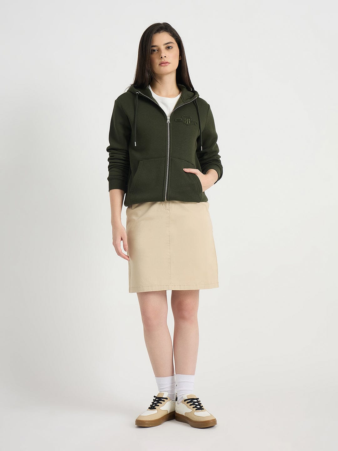GANT Women Dark Green Tonal Shield Zip Hooded Sweatshirt