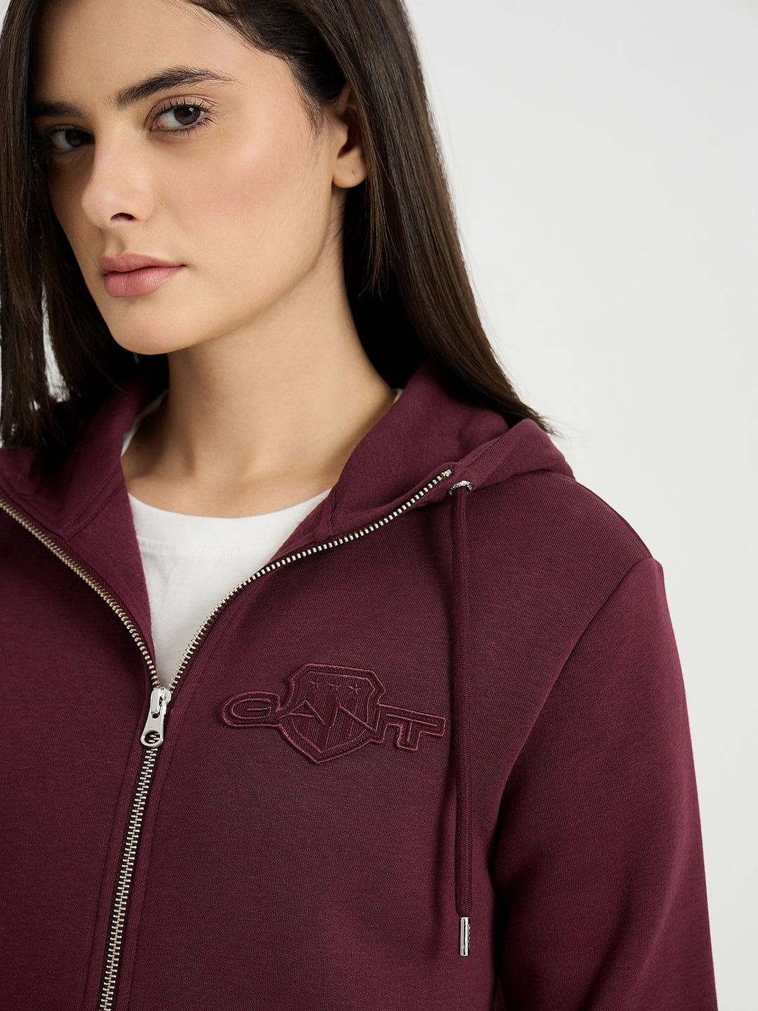 GANT Women Wine Tonal Shield Zip Hooded Sweatshirt