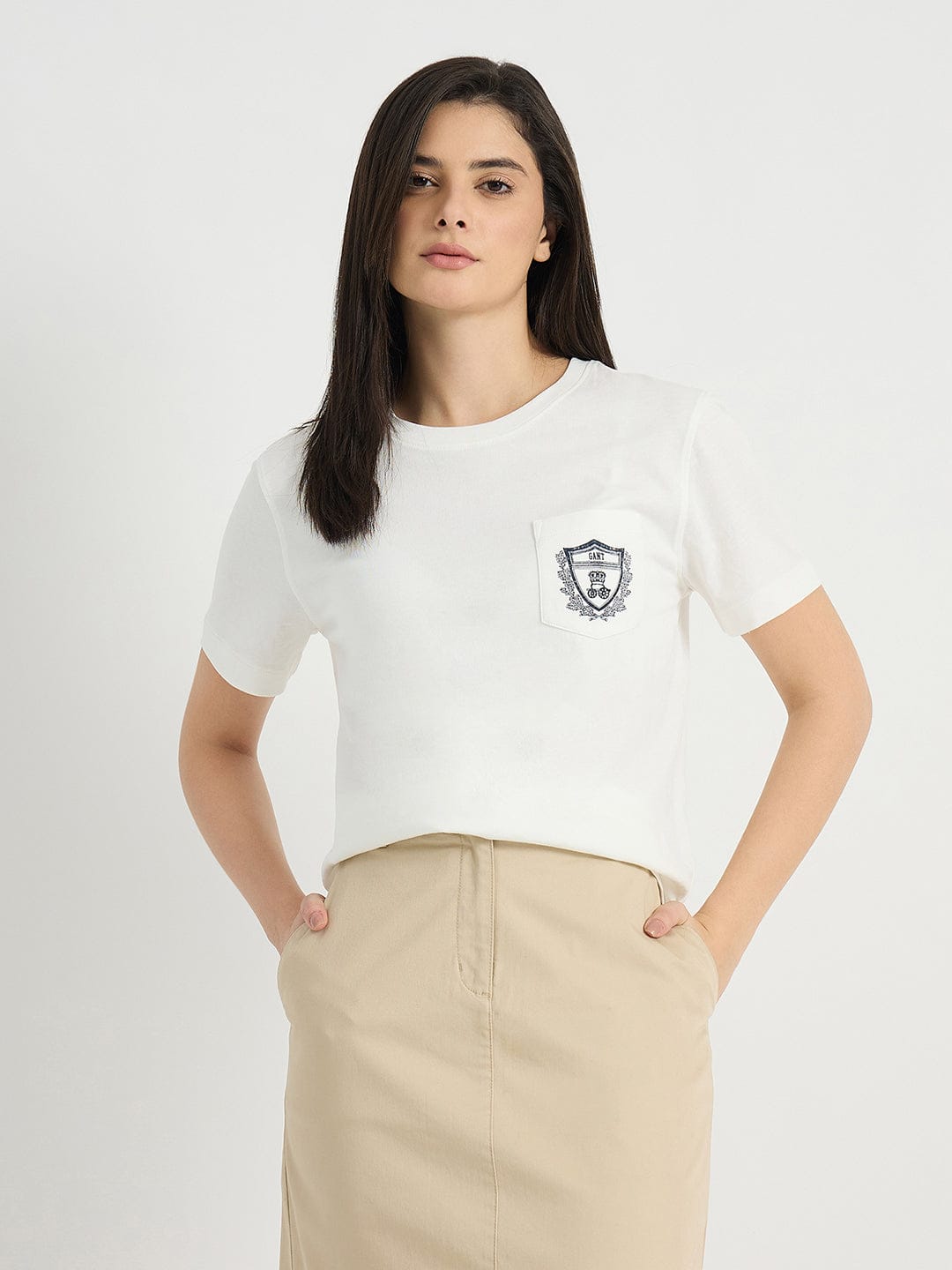 GANT Women White Round Neck Regular Fit T Shirt