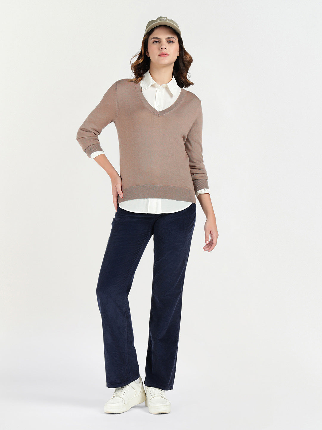 Gant Women Beige Solid V Neck Sweater