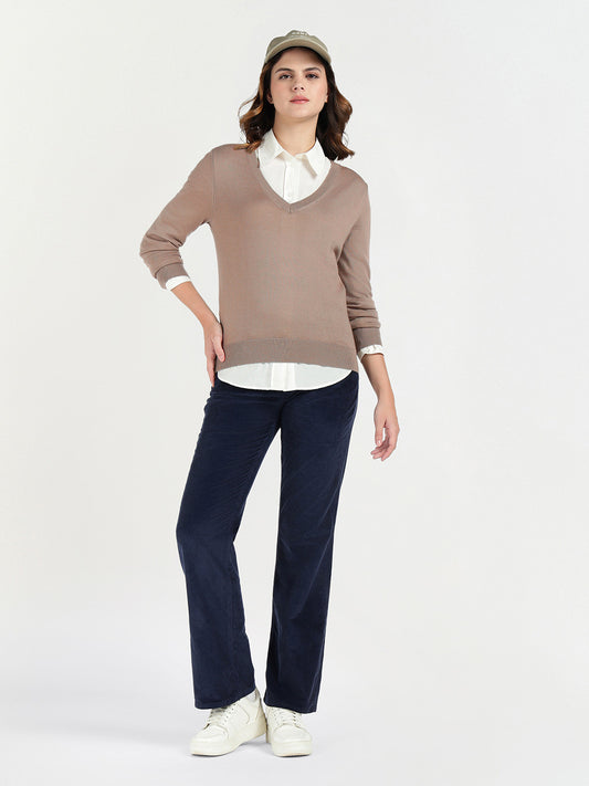 Gant Women Beige Solid V Neck Sweater