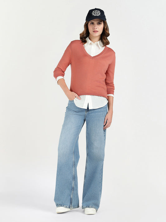 Gant Women Red Solid V Neck Sweater