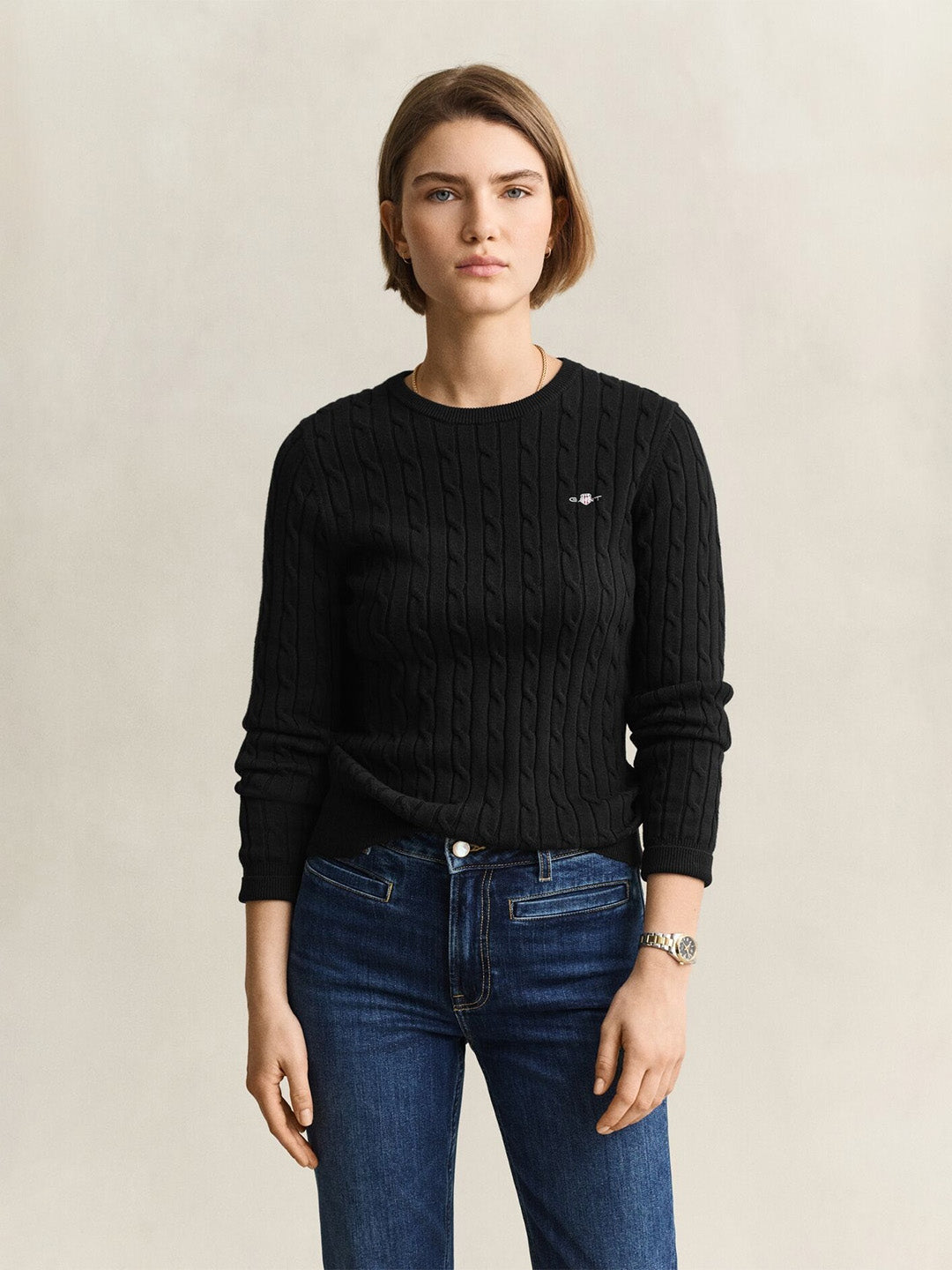Gant Women Black Cable Knit Slim Fit Sweater