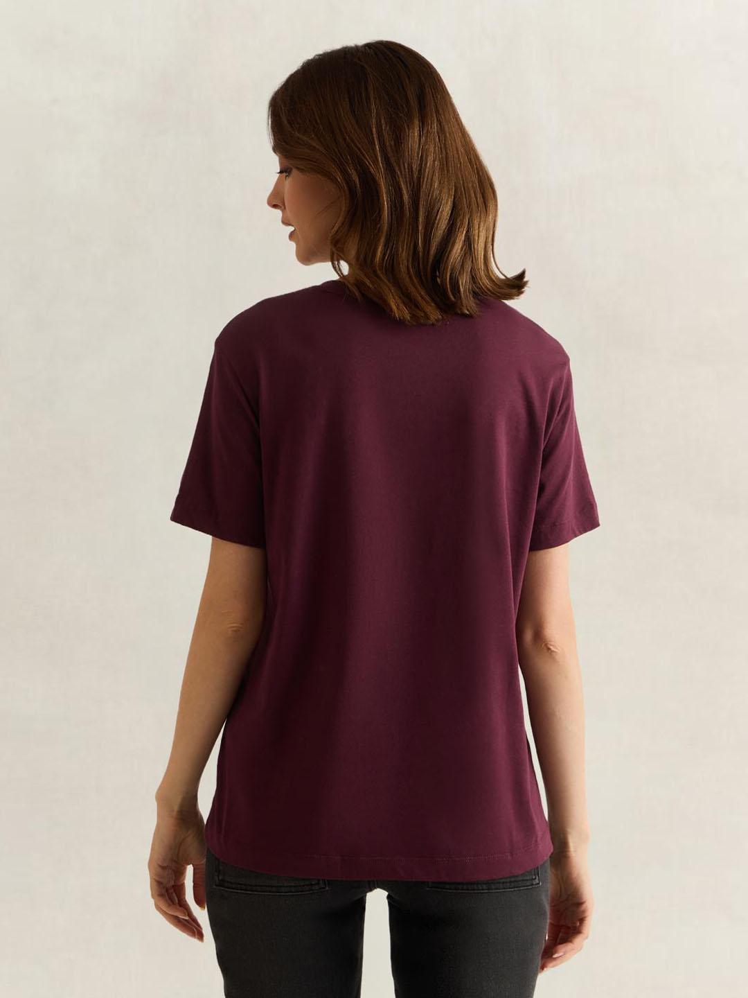 Gant Women Wine Solid Regular Fit Cotton T-Shirt